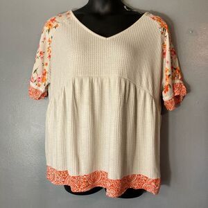 Cato Cream and Orange Floral Women's Waffle Blouse